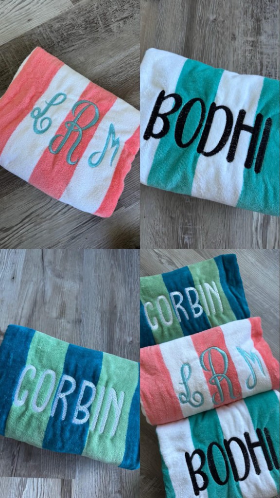 Collage of striped beach towels embroidered with LRM, BODHI, and CORBIN