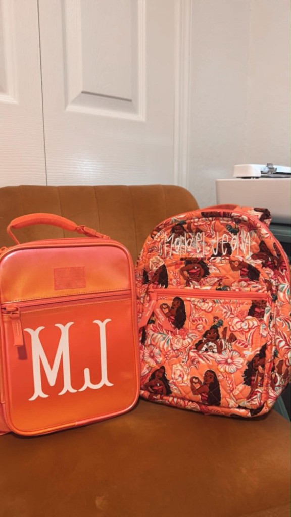 Coral lunch bag with MJ monogram and Moana backpack embroidered Mabel Jean