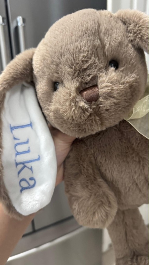 Tan plush bunny with the name Luka embroidered in blue on the ear