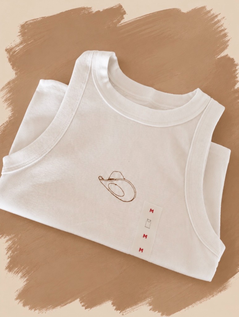 White ribbed tank top with minimalist brown cowboy hat embroidery